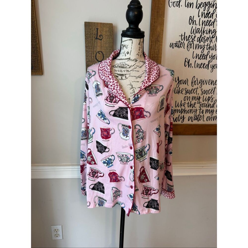 Flora Nikrooz Women's Tea Time Teacup Print Long Sleeve PJ Top Pink Medium